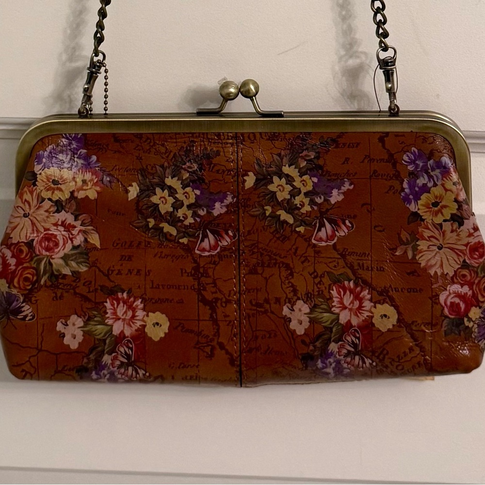 Patricia Nash English Garden Floral Map Leather Purse Clutch Chain Strap NWT